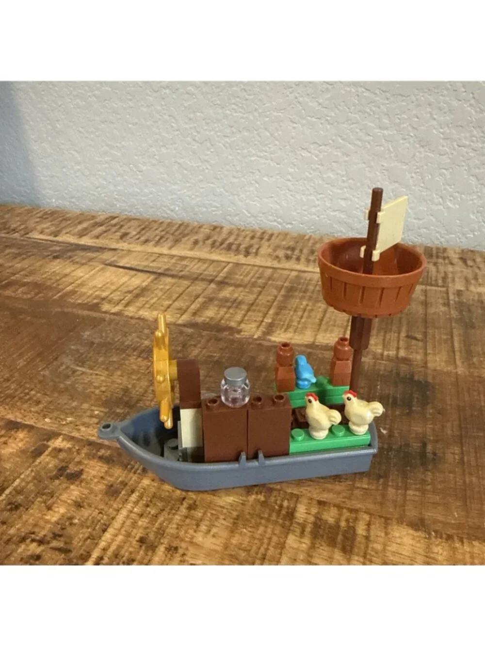 Lego Minifigure Row Boat Pirate Flag Chickens Jars Pot Wheel Blue Bird 4”
